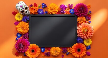 Black screen framed by colorful flowers and a decorative sugar skull on orange background