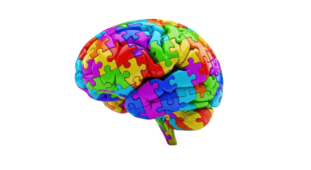Creative composition of colorful human brain made of jigsaw puzzle pieces isolated on white focused on