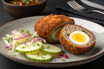 Crispy Egg Devil Cutlet with Salad &ndash; Black Background Food Image