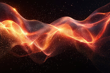 Fototapeta premium Vibrant, shimmering waves of golden-orange particles flow dynamically across a dark, starlit abstract background, representing energetic data streams.