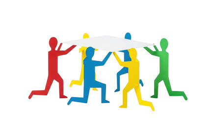 Modern visualization of colorful teamwork lifting a white sheet demonstrating teamwork, collaboration, cooperation in realistic and