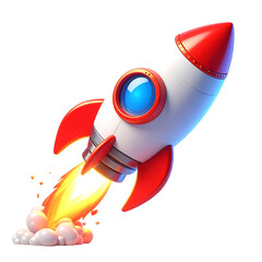 Cartoon rocket ship launching with fiery exhaust isolated on transparent background