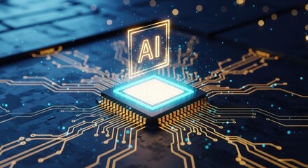 Bright AI symbol floats over a glowing CPU on a futuristic, illuminated circuit board