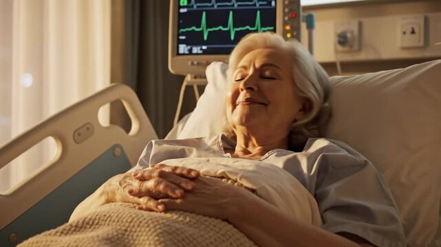 Peaceful senior patient recovering from an illness and resting comfortably in a hospital bed, with an ecg monitor showing a stable heartbeat in the background of her cozy, sunlit room