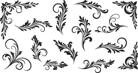 Collection of elegant black floral and vine ornamental design elements and decorative borders for graphic design and illustration projects