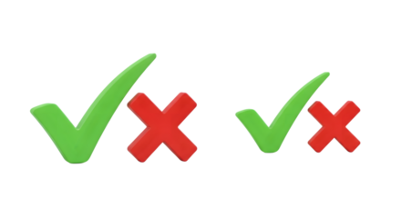 Green check marks and red crosses isolated on transparent background