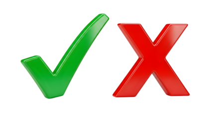 Green check mark and red x isolated on transparent background