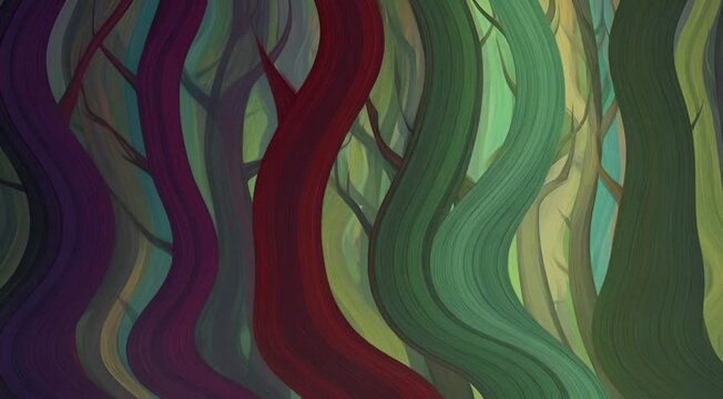 A mesmerizing conceptual illustration of an abstract forest, where vibrant, sinuous tree trunks flow together, creating a fantastical and dynamic natural world with artistic depth