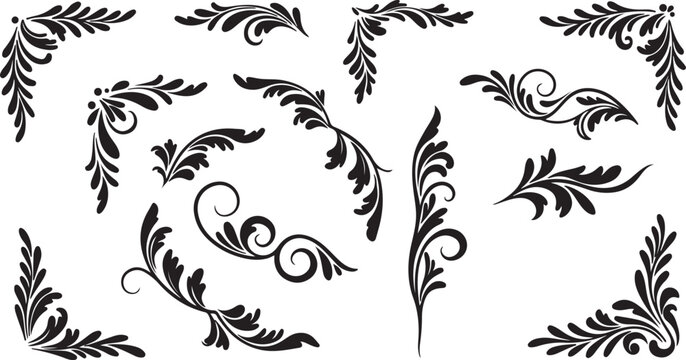 Collection of elegant black floral and vine ornamental corner and flourish design elements for decorative borders and invitations