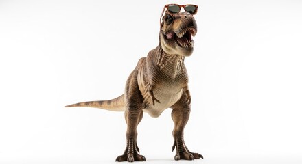 Brown T-Rex dinosaur with red sunglasses on head, mouth open, on white background