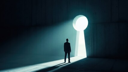 Obraz premium Businessman in dark room stares at bright keyhole opening, light streaming towards him