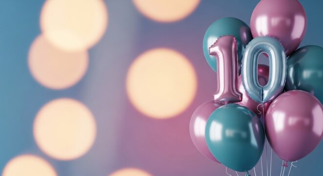 Bunch of pink and teal balloons with a silver '10' foil number, bokeh lights background