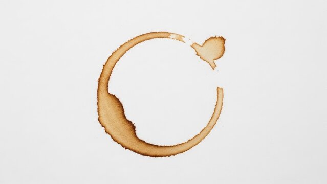 Brown circular coffee stain on a clean white background, creating an irregular ring mark