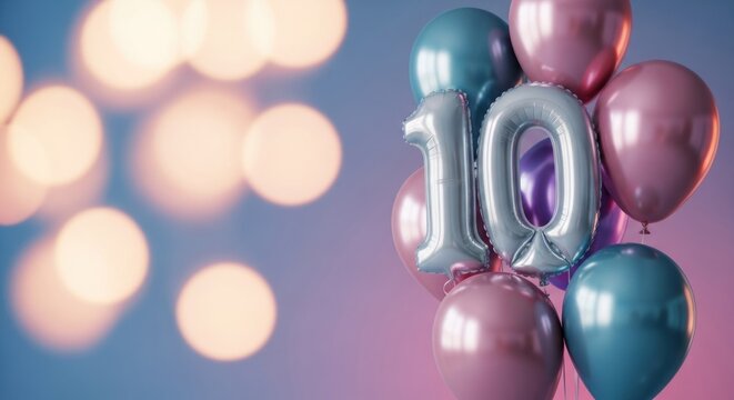 Celebratory balloons silver '10' numbers, shiny pink/teal/blue, glowing bokeh background - Powered by Adobe