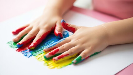 Child's hands messy with vibrant paint, creating colorful art on white paper