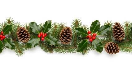 Christmas border of green pine branches, red holly berries, and brown pinecones