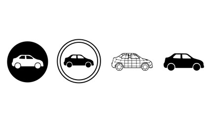 Car icons set collection of various car symbols, including a car in a circle, a wireframe car, and a solid car silhouette vector illustration