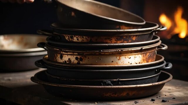 Stack of rustic metal pans in dim lighting near a fireplace