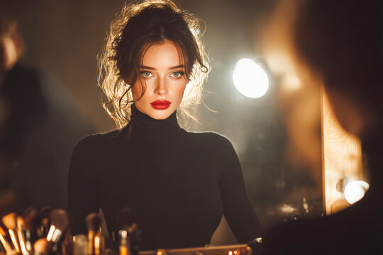 Glam makeup session at vanity with bright lights and focused beauty Generative AI