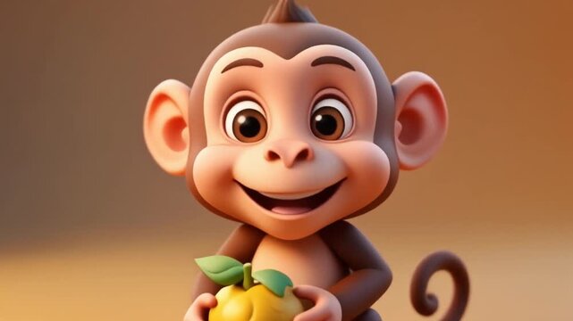 A cute, smiling cartoon monkey holding a yellow fruit with green leaves against a warm blurred background.