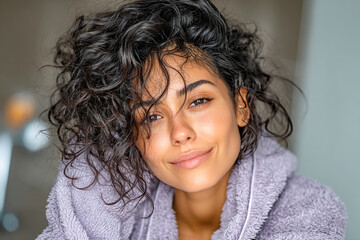 Woman styling hair with a curling iron in front of bathroom mirror Generative AI