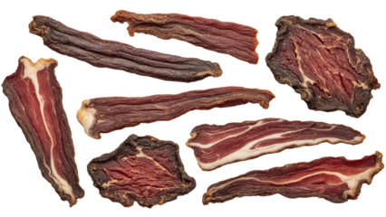 Buffalo meat jerky dried slices in rustic style, transparent