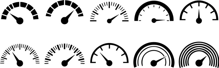 A set of speedometer icons, representing different levels or speeds, perfect for dashboards, infographics, and user interfaces