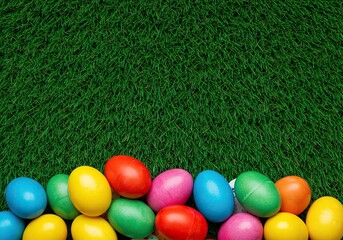 Vibrant collection of colorful decorative eggs nestled in artificial grass, ready for spring celebrations and festive decor ,festive ,arrangement ,pattern
