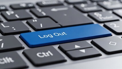 Close-up of a blue 'Log Out' button prominently featured on a dark computer keyboard