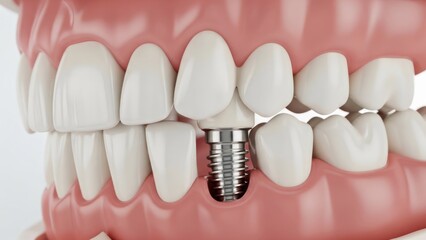 Close-up of a 3D dental model featuring a titanium implant supporting a ceramic crown