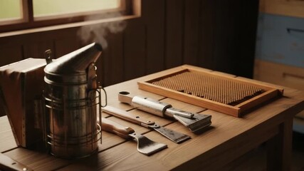 Beekeeping tools and smoking can steaming on wooden table in warm workshop light