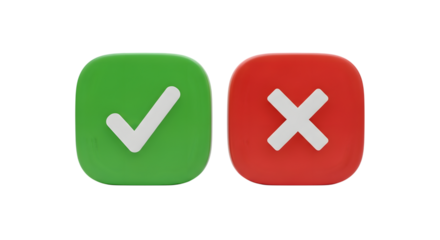 Green check mark and red x isolated on transparent background