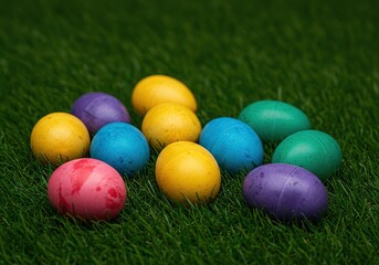 Vibrant collection of colorful decorative eggs nestled in artificial grass, ready for spring celebrations and festive decor ,soft ,assortment ,group