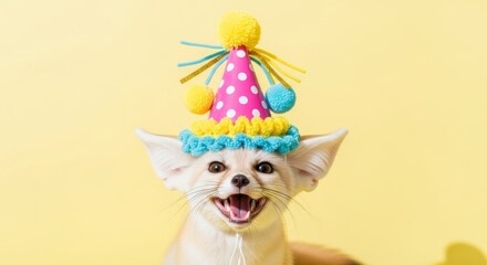 Naklejka premium Close-up of a happy fennec fox in a polka-dotted party hat against a yellow background