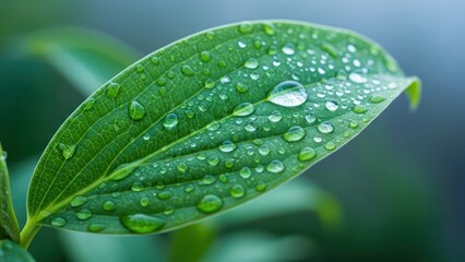 Close-up of a fresh green leaf covered in sparkling clear water droplets after rain