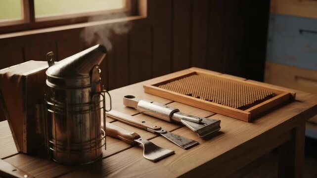 Beekeeping tools and smoking can steaming on wooden table in warm workshop light