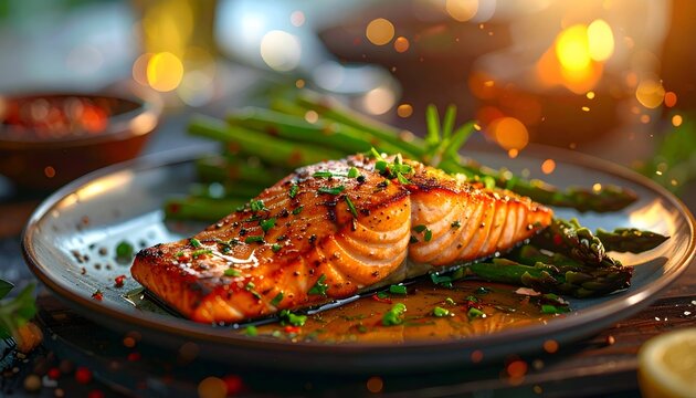 Grilled salmon fillet on plate with asparagus, bokeh background, close-up shot, appetizing