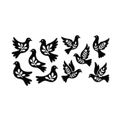Minimal folk-style dove with floral fillers, solid black motifs.