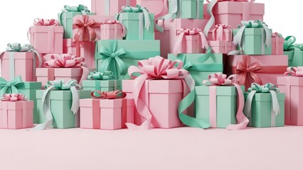 Obraz premium Close-up of a large festive pile of neatly wrapped pink and mint gifts with bows