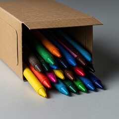 Vibrant collection of colorful wax crayons spilling from an open cardboard box, ready for creative artistic expression ,vibrant ,learn ,box