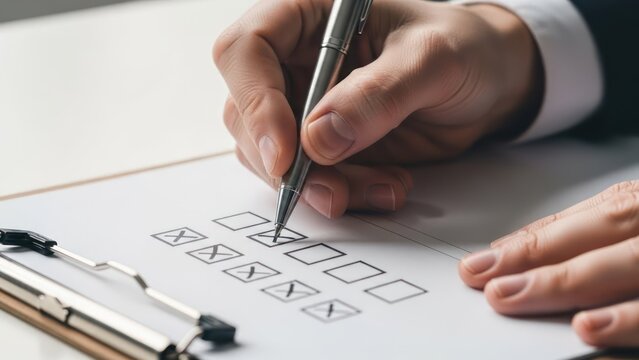 Close-up of a person's hand using a pen to mark a checkbox on a clipboard document