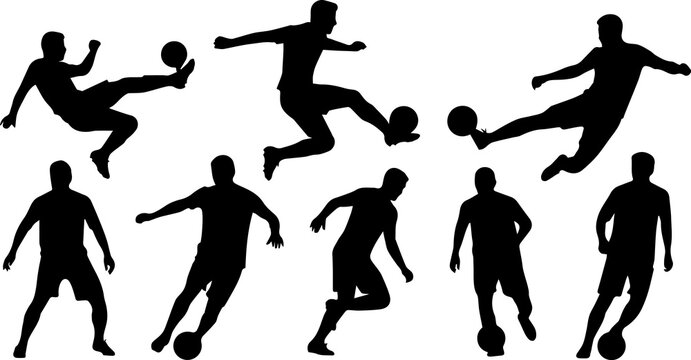 Silhouette of soccer players in various poses, , showcasing athleticism, teamwork, and the dynamic energy of the sport