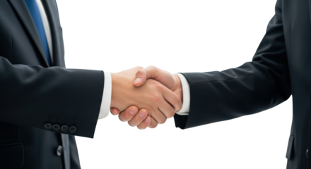 Creative composition of corporate handshake between two businessmen in formal suits focused on handshake, business, agreement