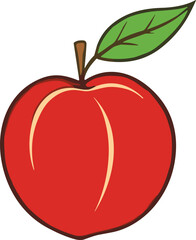Bright Red Apple Vector Illustration with Green Leaf in Simple Cartoon Outline Style