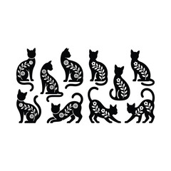 Cat silhouette with small floral accents in Kantha pattern.