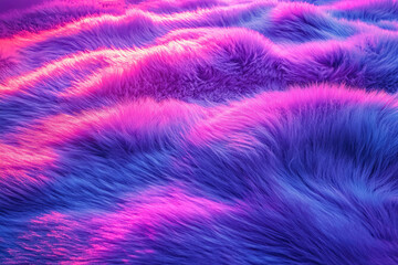 Fototapeta premium Vibrant, undulating waves of fluffy faux fur in neon pink, purple, and blue, creating a soft, abstract, and eye-catching textured background.