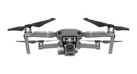 Gray aerial photography drone with camera isolated on transparent background for technology concept