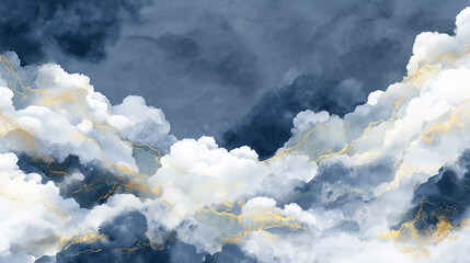 水墨画風の雲海と山並み 金箔アクセントの和風背景素材