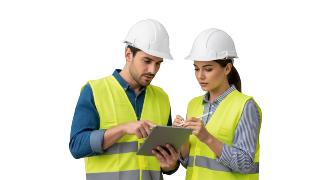 Professional construction workers reviewing plans on tablet showing construction, worker, engineer suitable for corporate presentation, editorial - Powered by Adobe