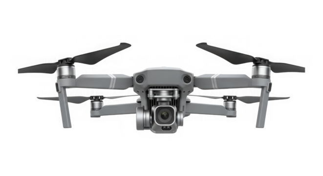 Gray aerial photography drone with camera isolated on transparent background for technology concept